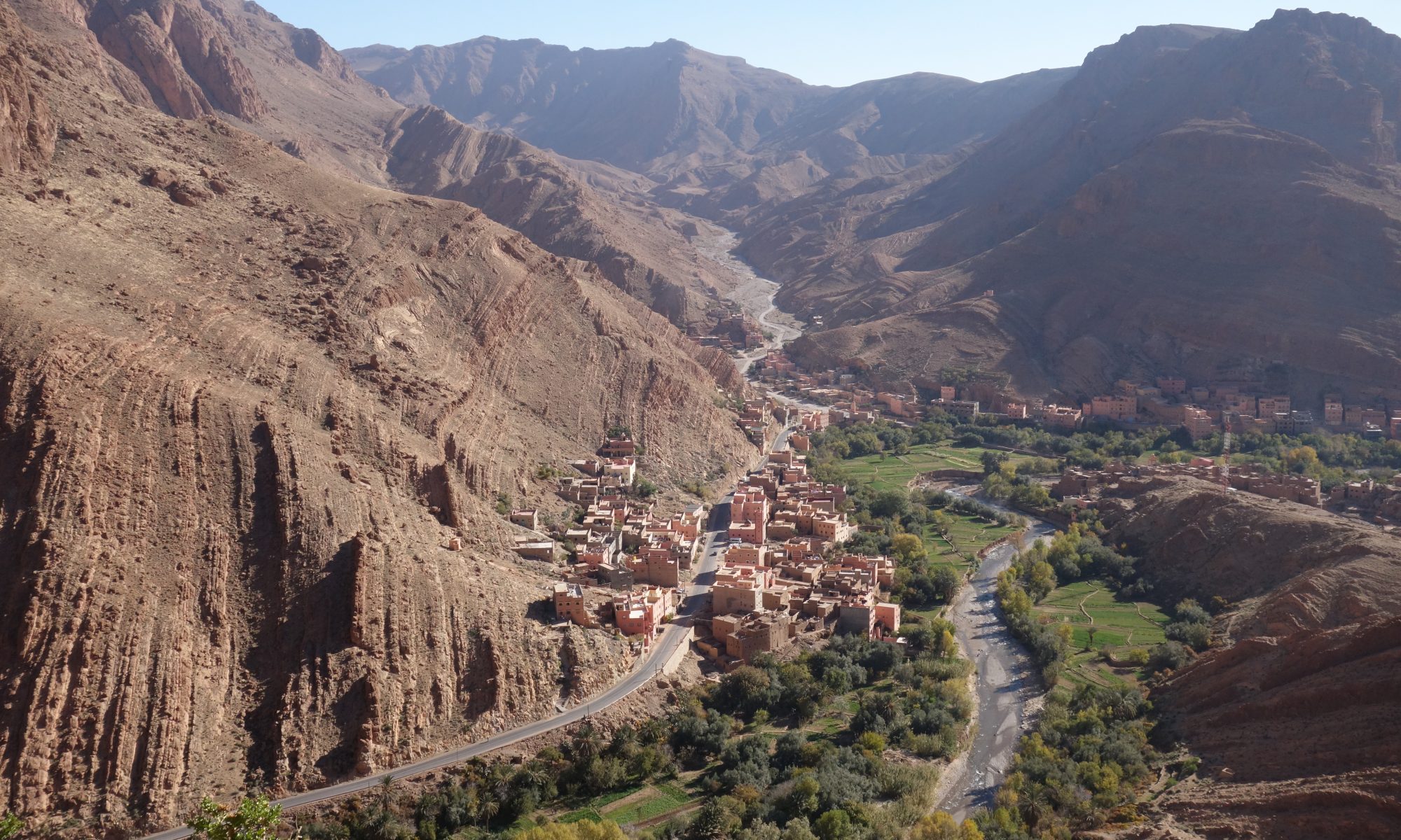 Looking down on the village just outside the Todra Gorge from the top of a climb.