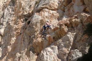 Simon Lake leading pitch 5 on the epic multi pitch 7a, Costa Blanca on the Penon D'Ifach