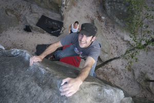 Matt enjoying some highball climbing at Fontainebleau.